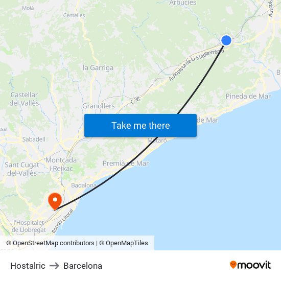 Hostalric to Barcelona map