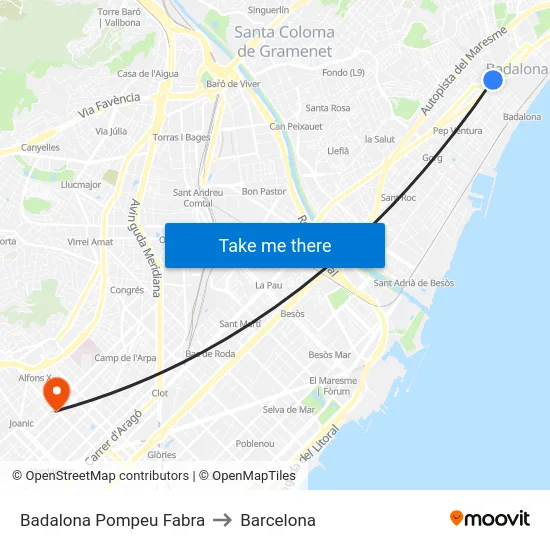Badalona Pompeu Fabra to Barcelona map