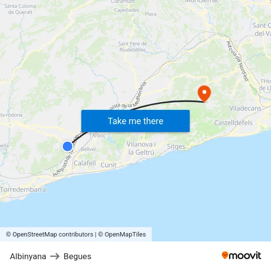 Albinyana to Begues map