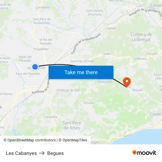 Les Cabanyes to Begues map