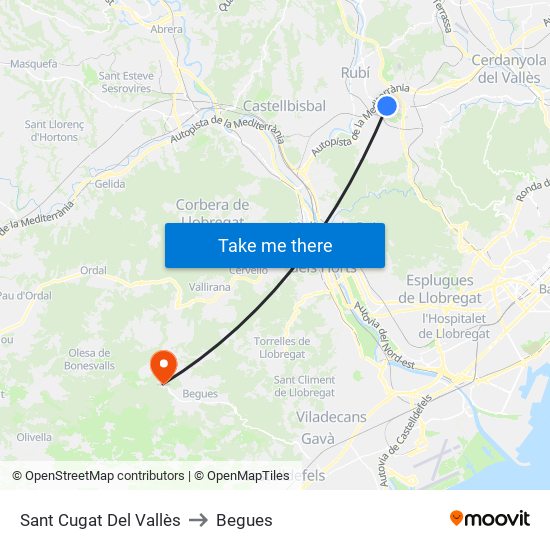 Sant Cugat Del Vallès to Begues map
