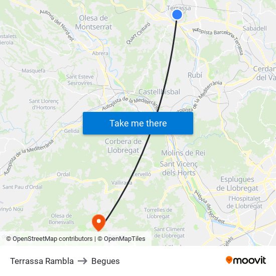 Terrassa Rambla to Begues map