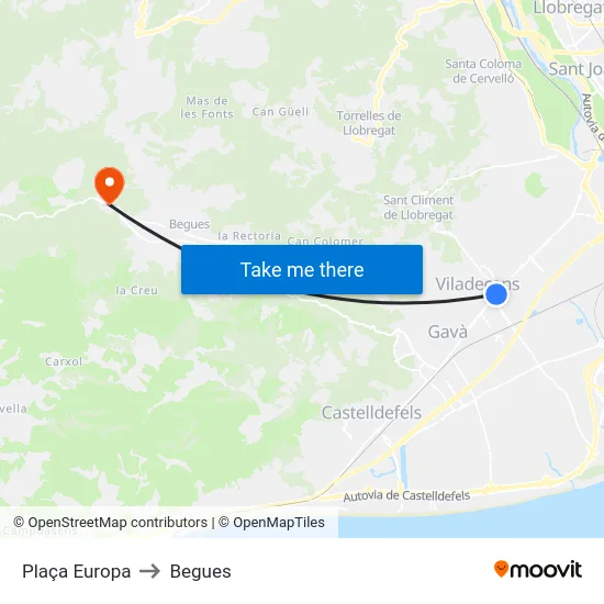 Plaça Europa to Begues map