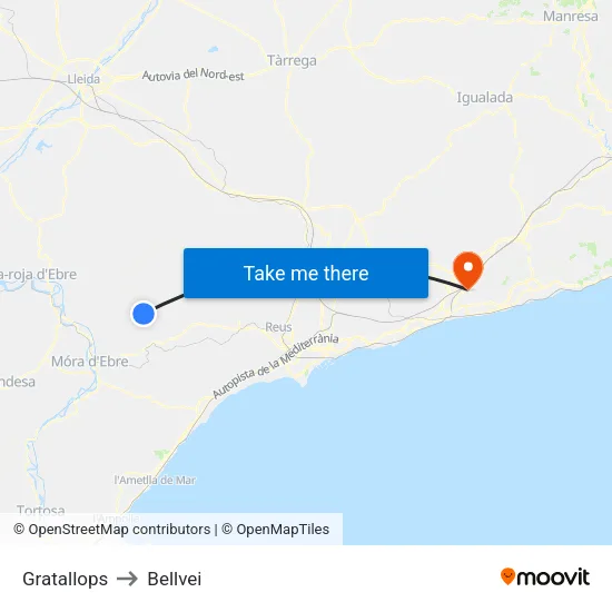 Gratallops to Bellvei map