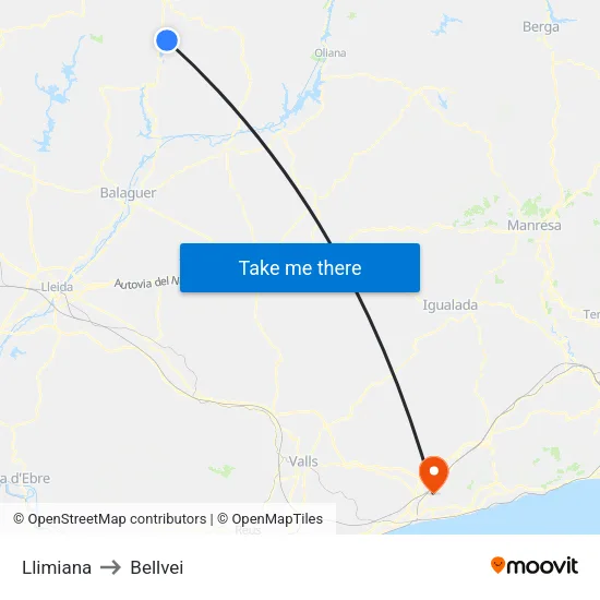 Llimiana to Bellvei map