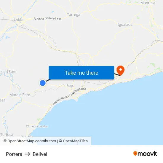Porrera to Bellvei map