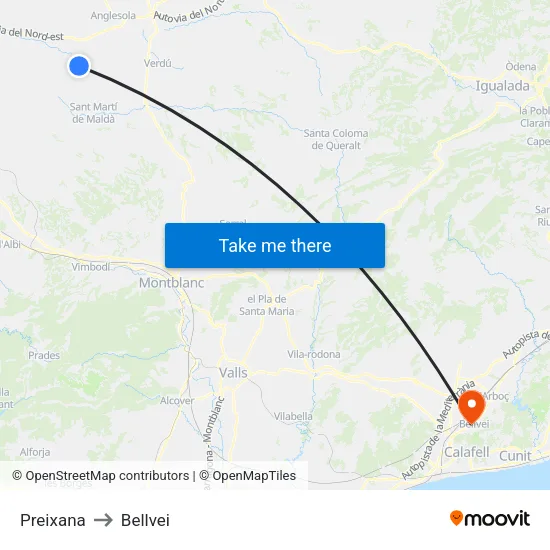 Preixana to Bellvei map