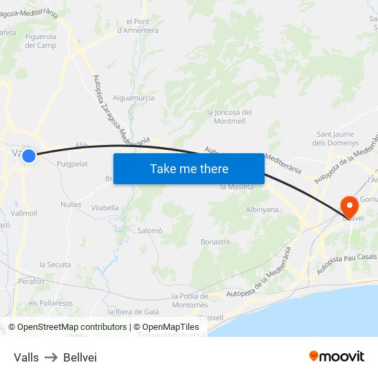 Valls to Bellvei map