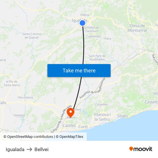 Igualada to Bellvei map