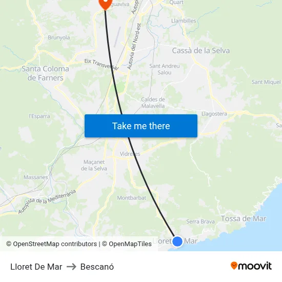 Lloret De Mar to Bescanó map