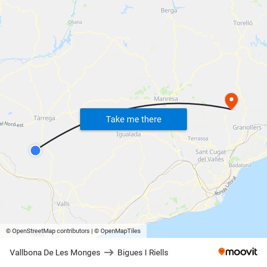 Vallbona De Les Monges to Bigues I Riells map