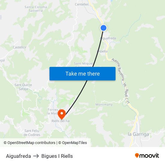 Aiguafreda to Bigues I Riells map