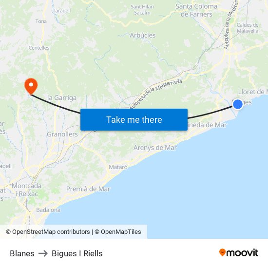 Blanes to Bigues I Riells map