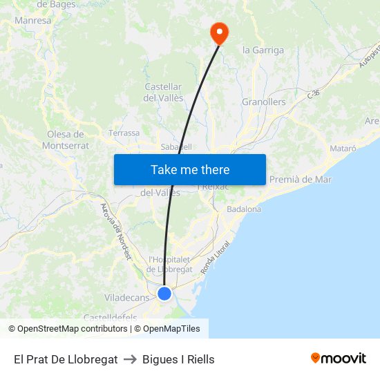 El Prat De Llobregat to Bigues I Riells map