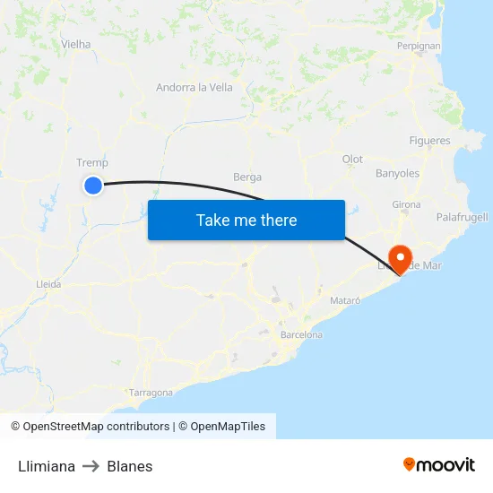 Llimiana to Blanes map