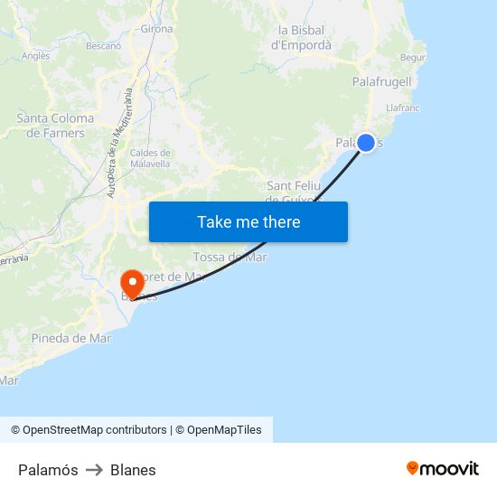 Palamós to Blanes map