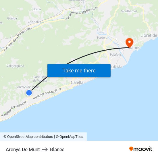 Arenys De Munt to Blanes map