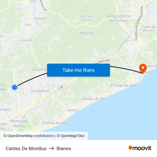 Caldes De Montbui to Blanes map