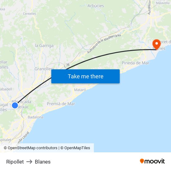 Ripollet to Blanes map