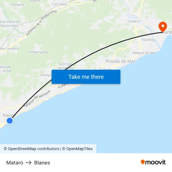 Mataró to Blanes map