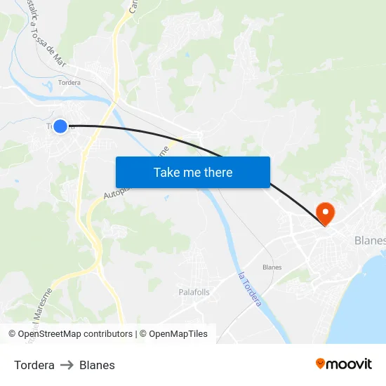 Tordera to Blanes map