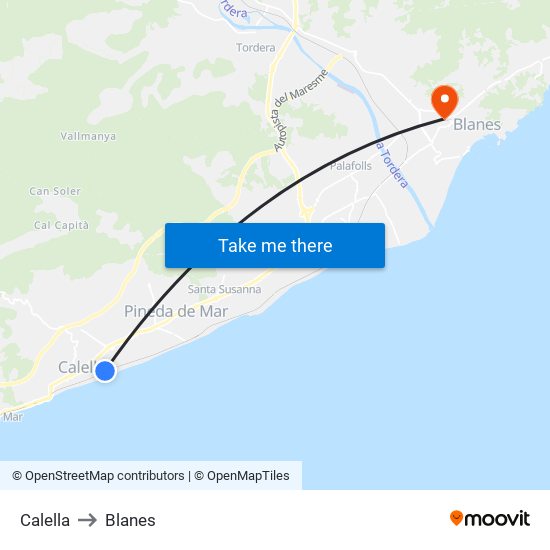 Calella to Blanes map