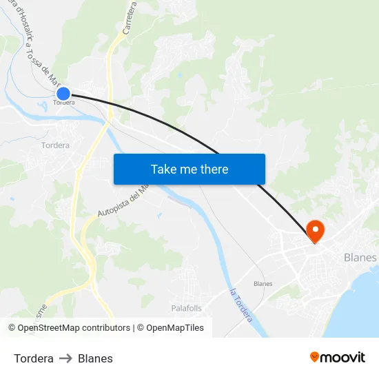 Tordera to Blanes map