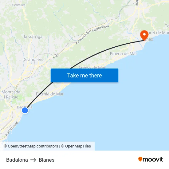 Badalona to Blanes map