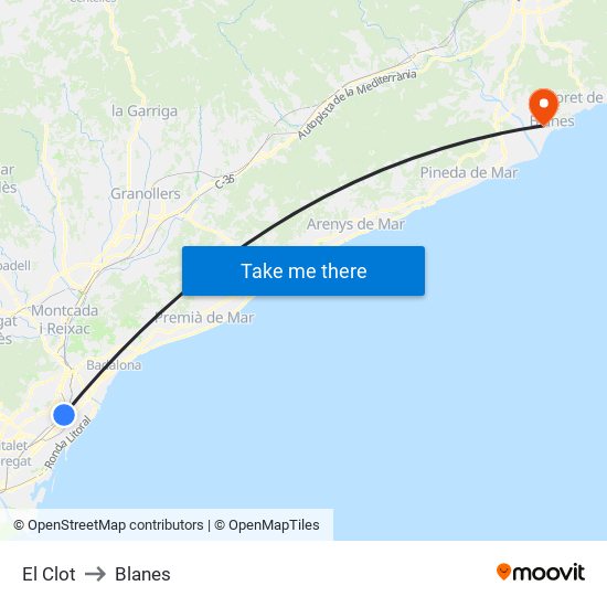 El Clot to Blanes map