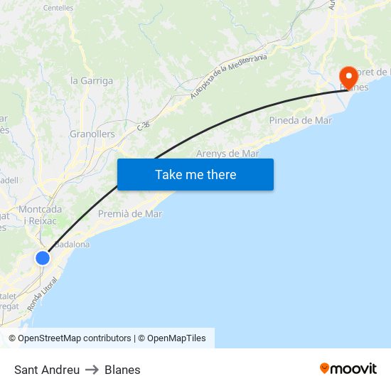 Sant Andreu to Blanes map