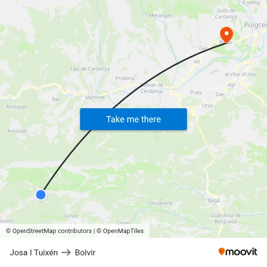 Josa I Tuixén to Bolvir map