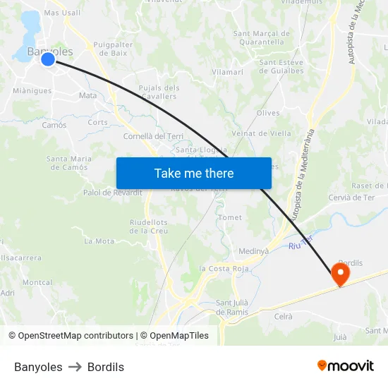 Banyoles to Bordils map