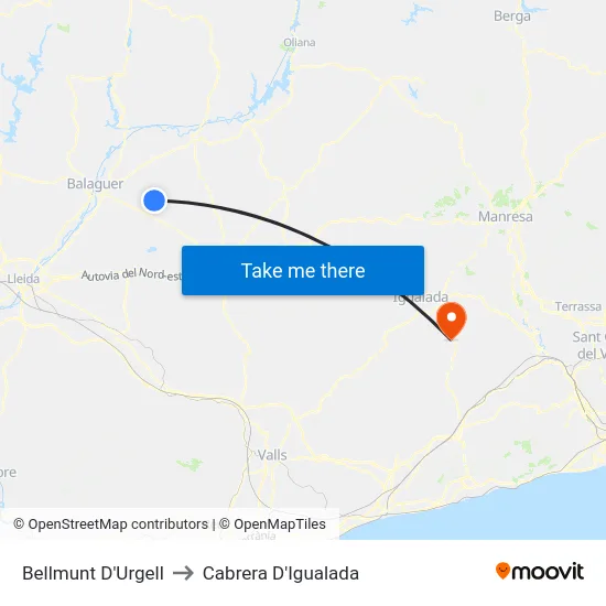 Bellmunt D'Urgell to Cabrera D'Igualada map
