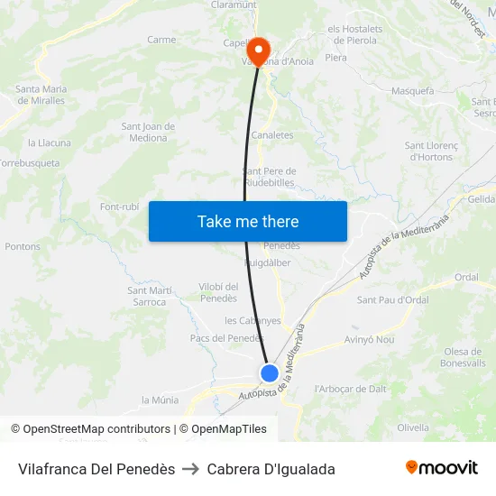 Vilafranca Del Penedès to Cabrera D'Igualada map