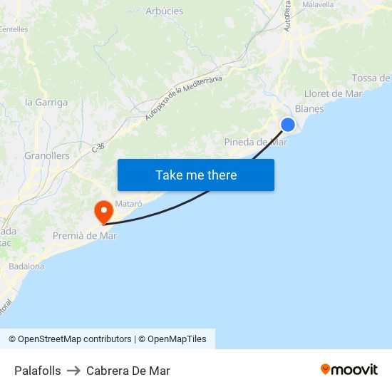 Palafolls to Cabrera De Mar map