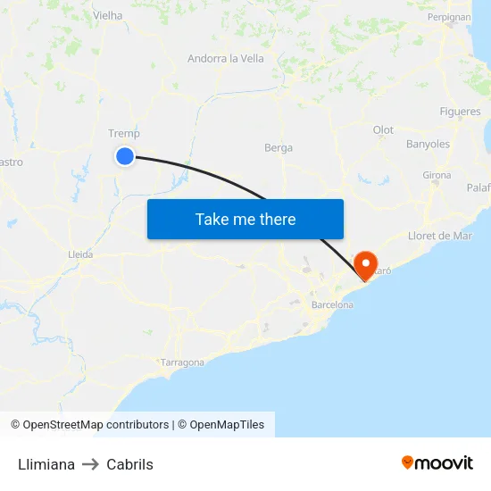 Llimiana to Cabrils map