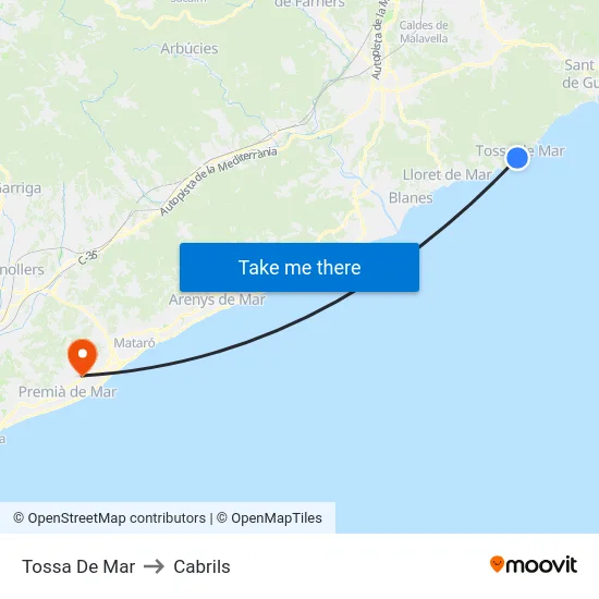 Tossa De Mar to Cabrils map