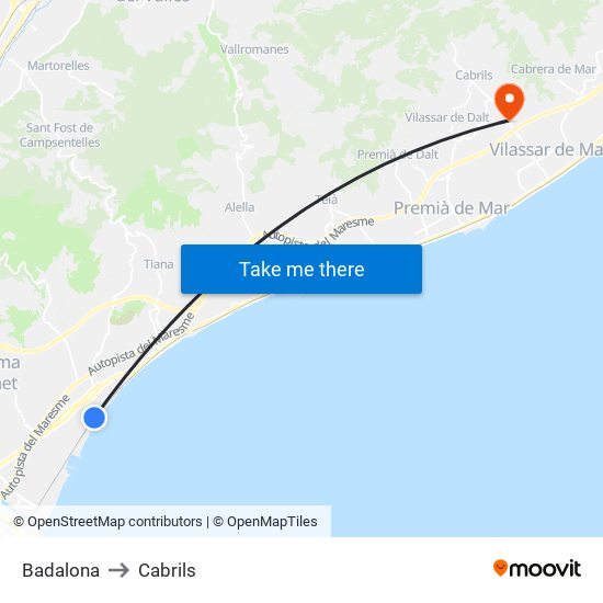 Badalona to Cabrils map