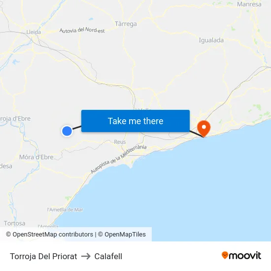 Torroja Del Priorat to Calafell map