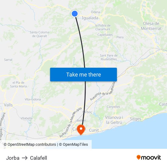 Jorba to Calafell map