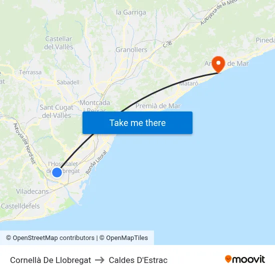 Cornellà De Llobregat to Caldes D'Estrac map