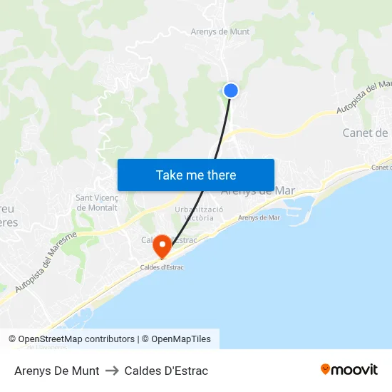 Arenys De Munt to Caldes D'Estrac map