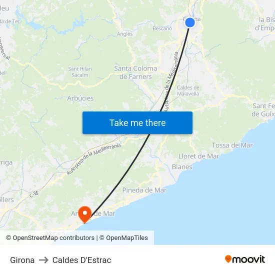 Girona to Caldes D'Estrac map