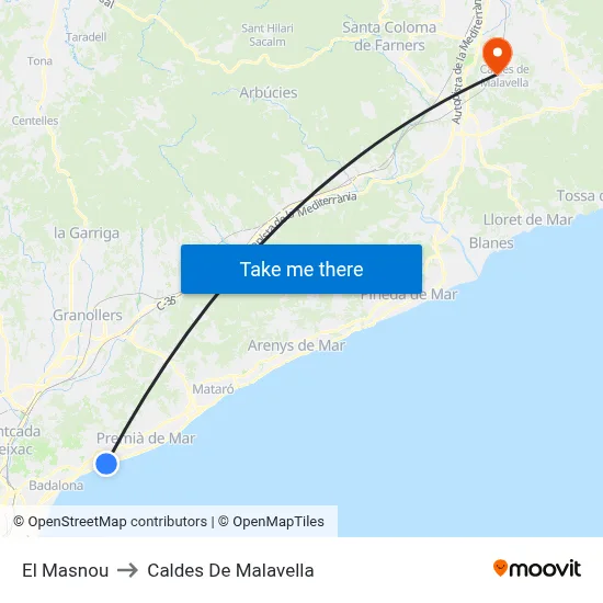 El Masnou to Caldes De Malavella map