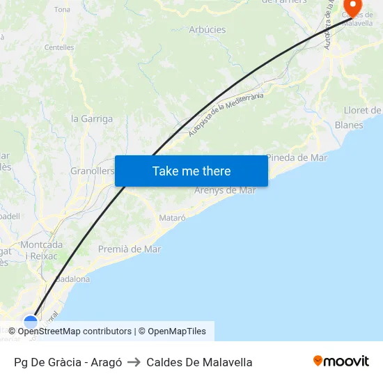 Pg De Gràcia - Aragó to Caldes De Malavella map