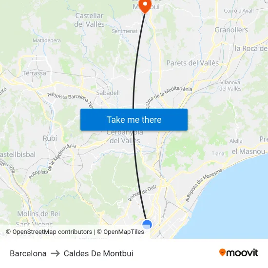 Barcelona to Caldes De Montbui map