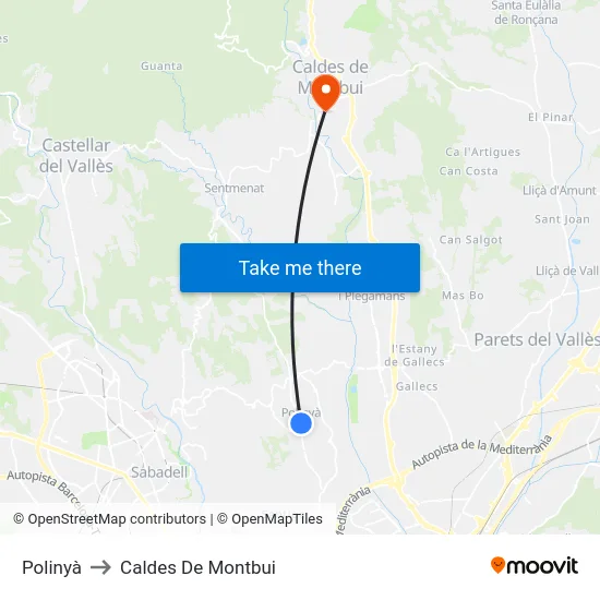 Polinyà to Caldes De Montbui map