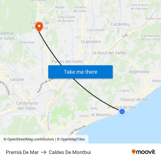 Premià De Mar to Caldes De Montbui map
