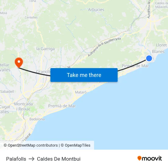 Palafolls to Caldes De Montbui map