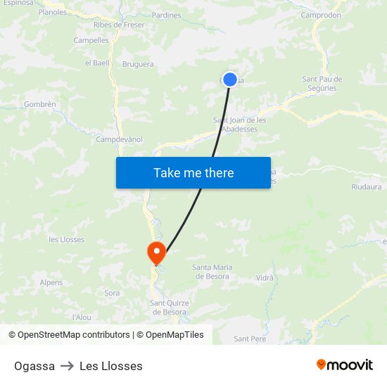 Ogassa to Les Llosses map